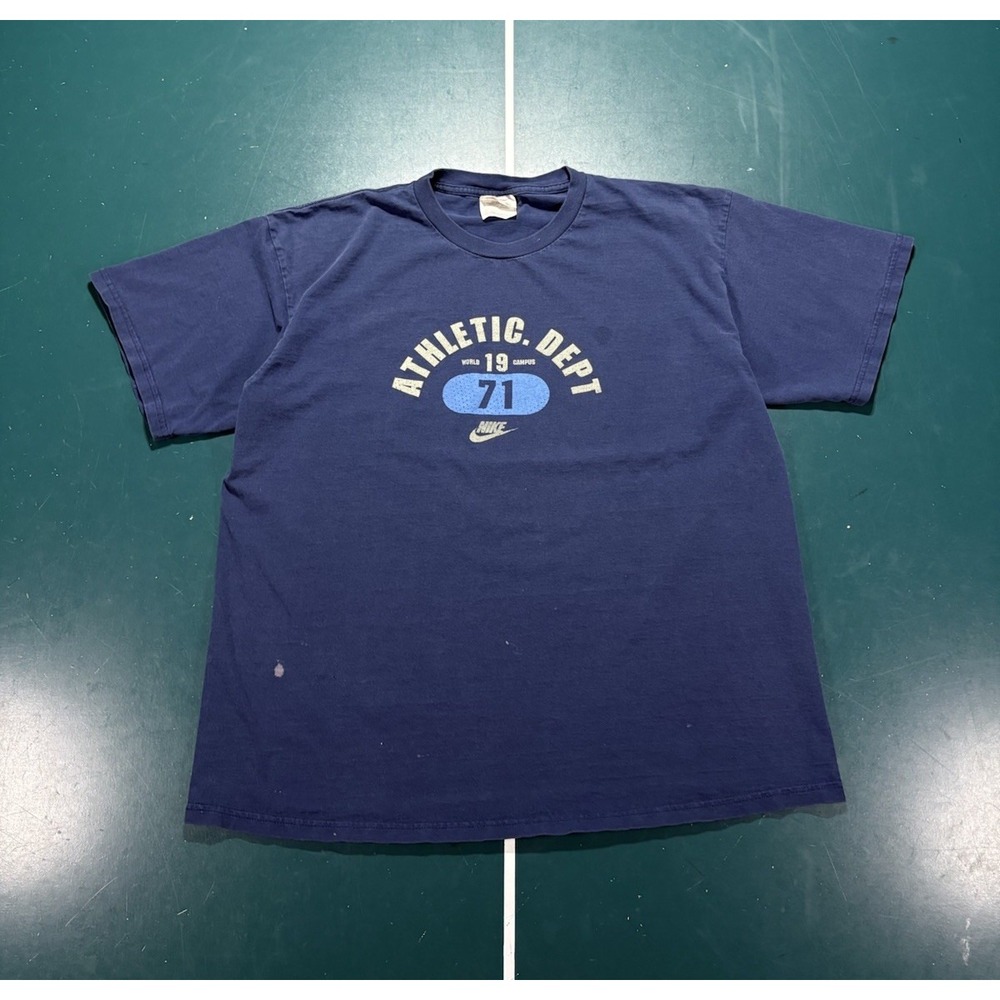 Vintage 90s Nike Athletic Department Graphic T-Shirt Men's Large Faded Navy Blue